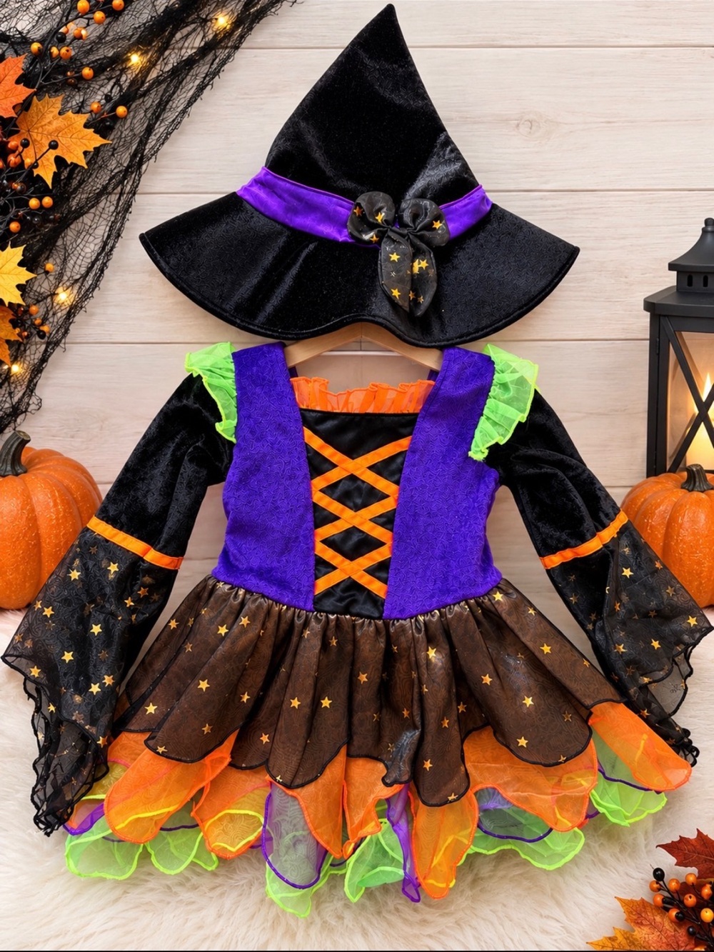 Koala Kids Black, Purple & Orange Witch Costume with Green Accents
